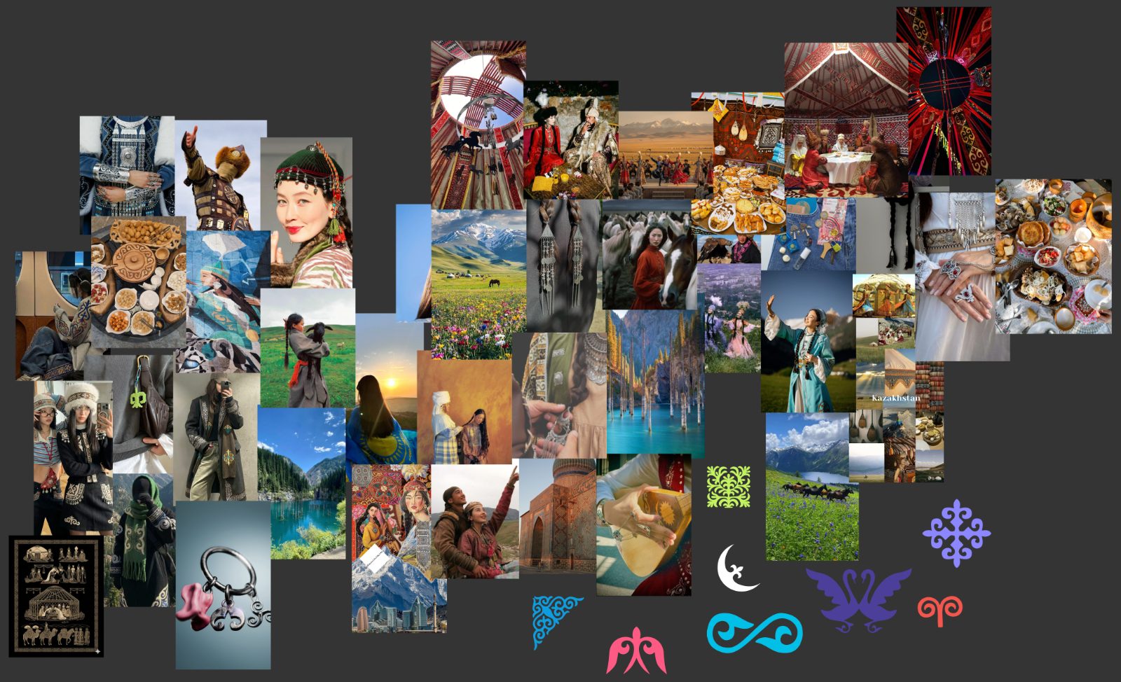 toi_b mood board with Kazakh cultural references, textures and colour cues