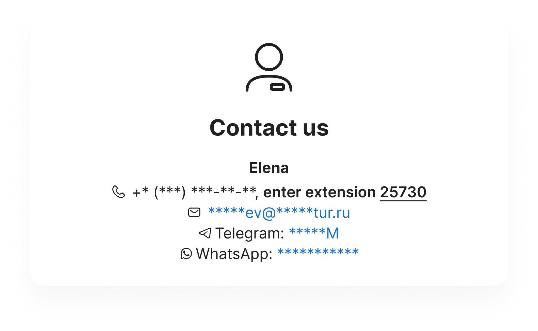 The contacts modal: direct phone line, email and messengers