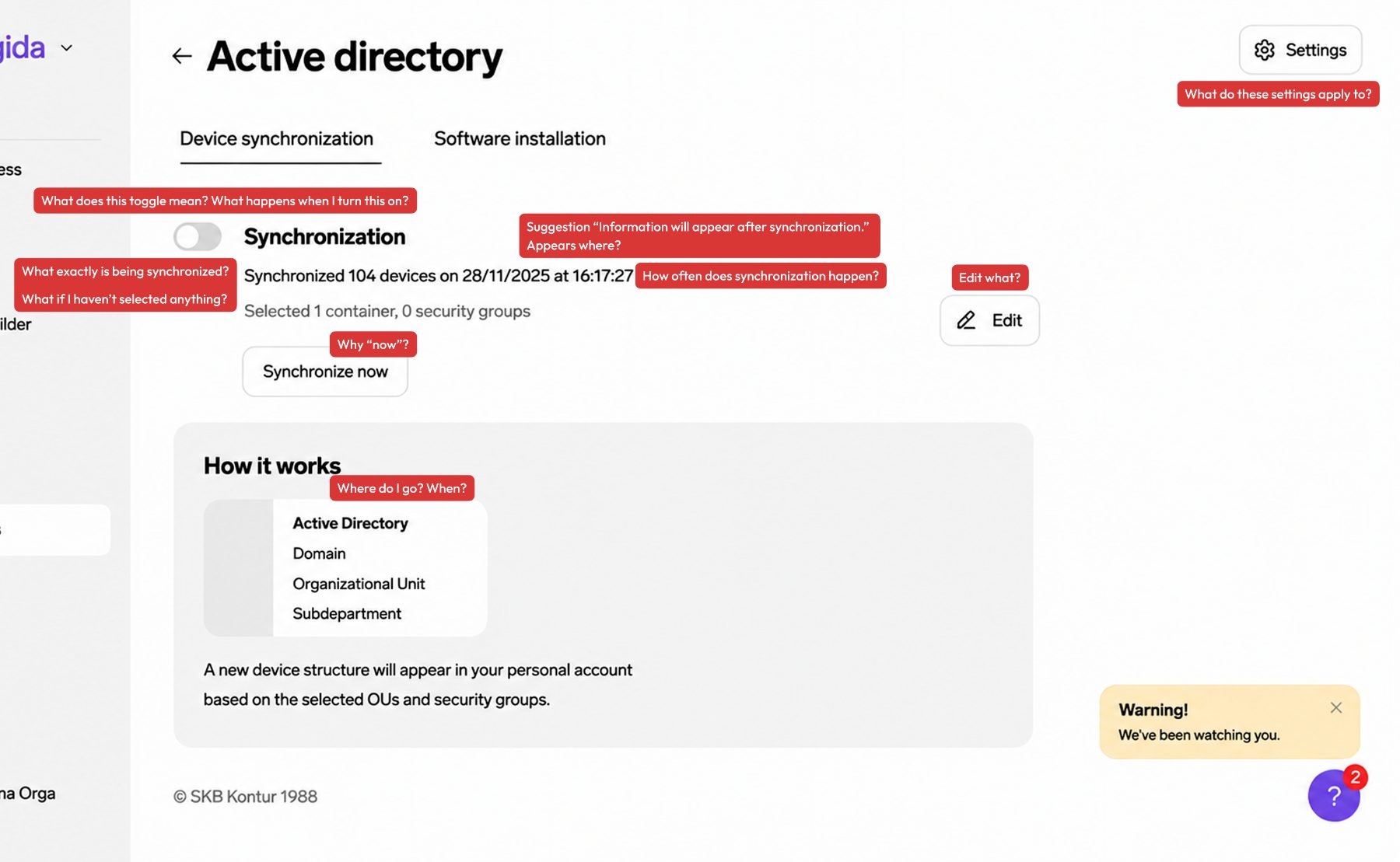 Original Device synchronization screen with open questions