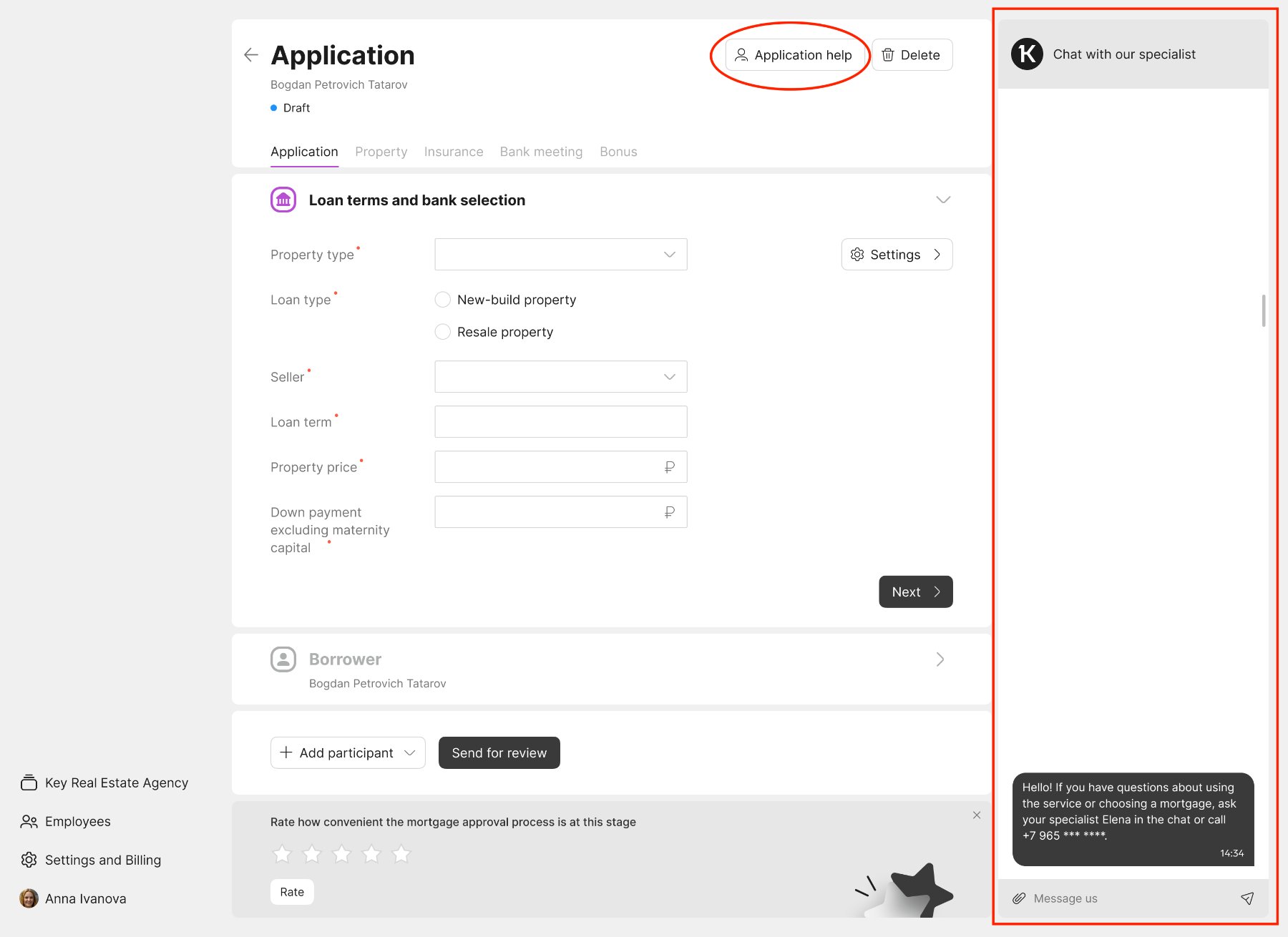 In-product chat with a mortgage specialist, opened from Application help