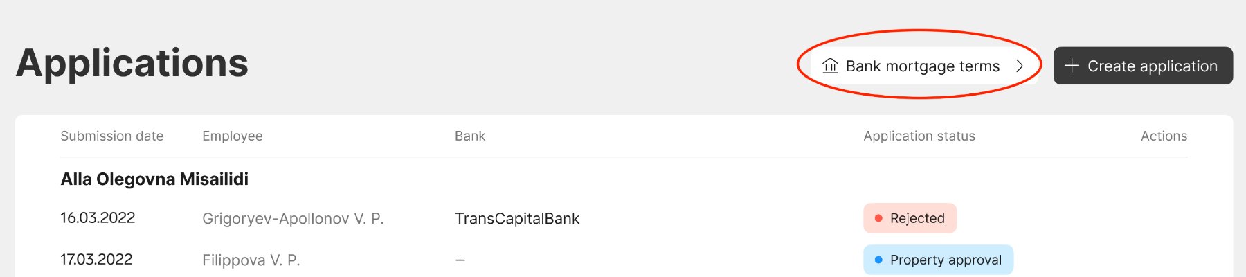 Entry point one — bank mortgage terms from the application list