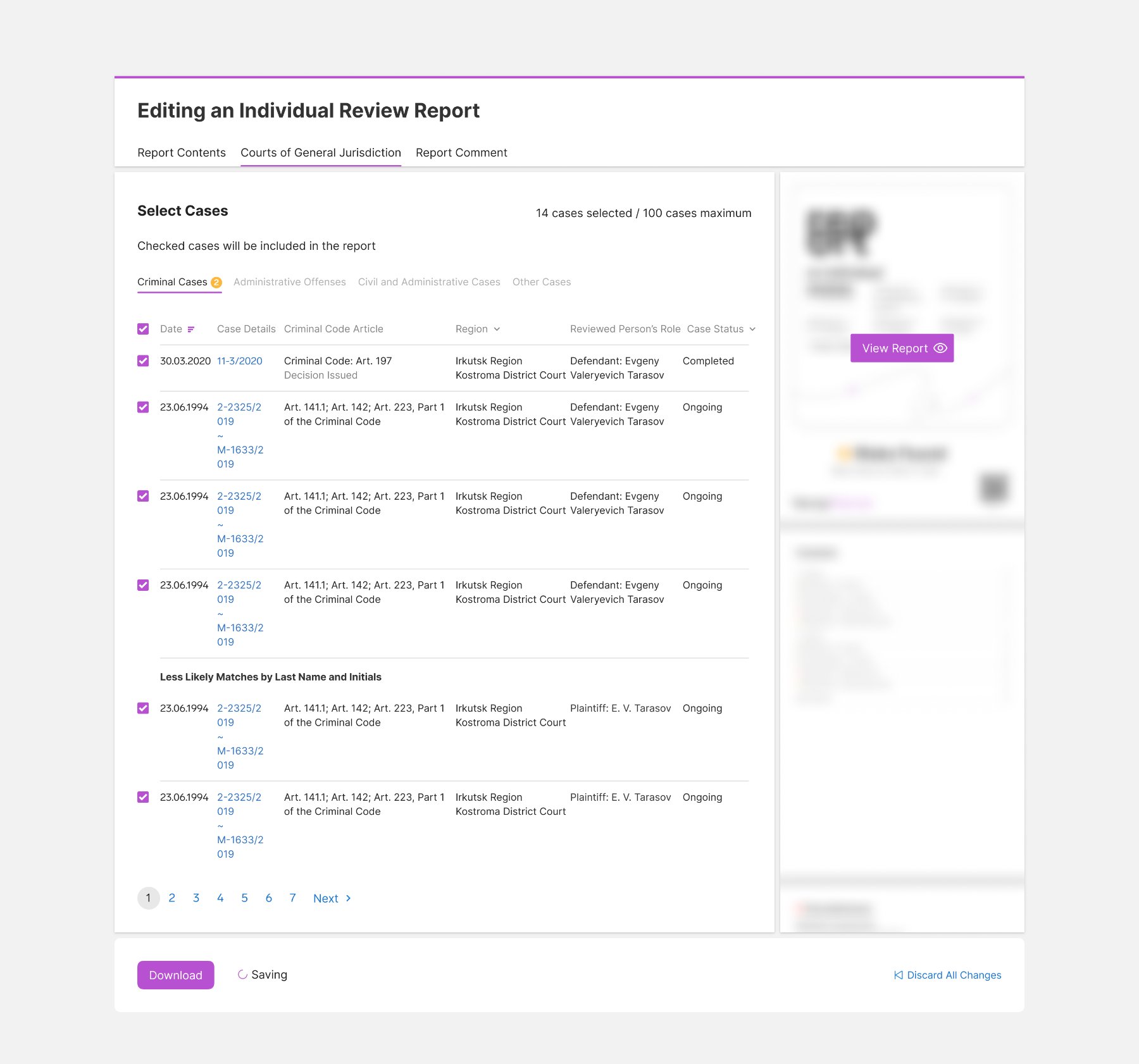 Courts of general jurisdiction tab with case selection