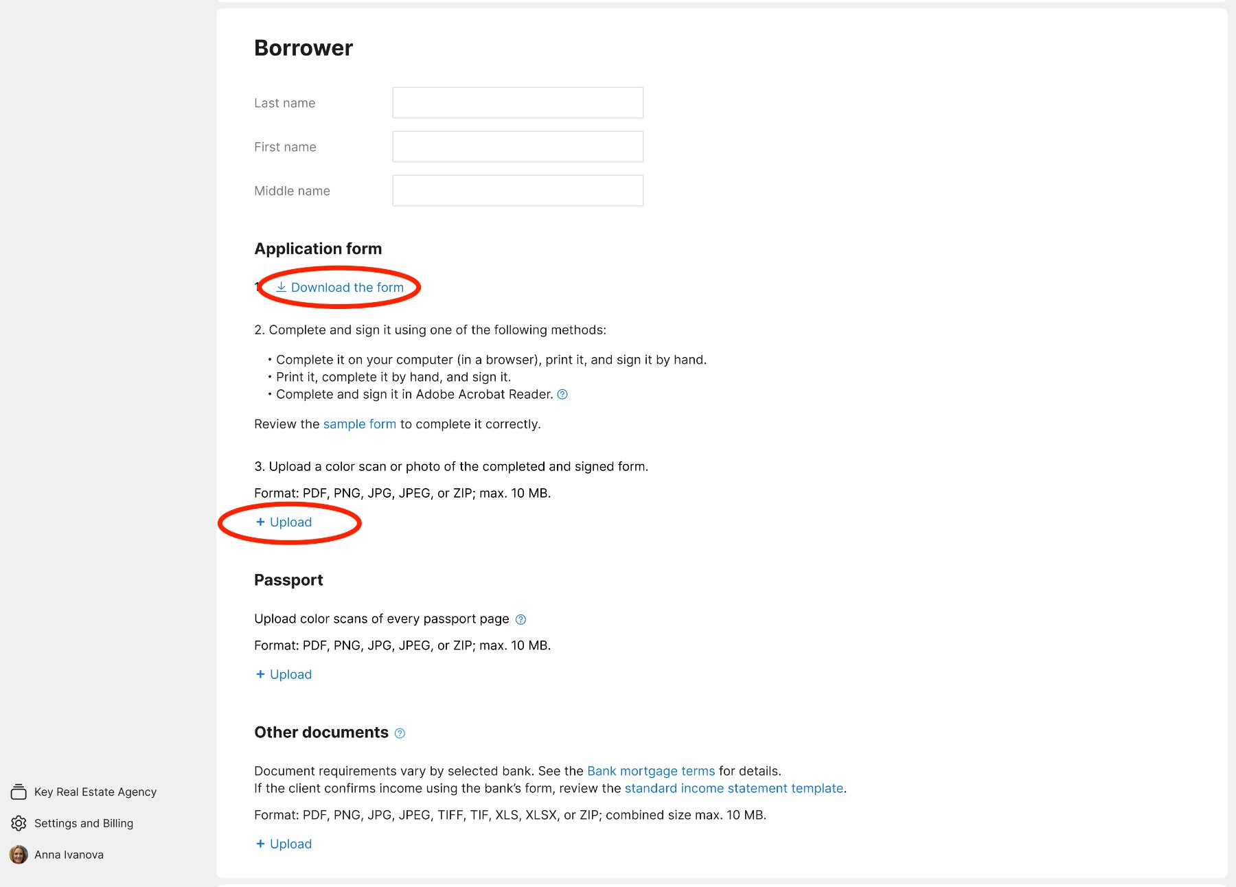 Before — the application step in the product: download the form, then upload it back