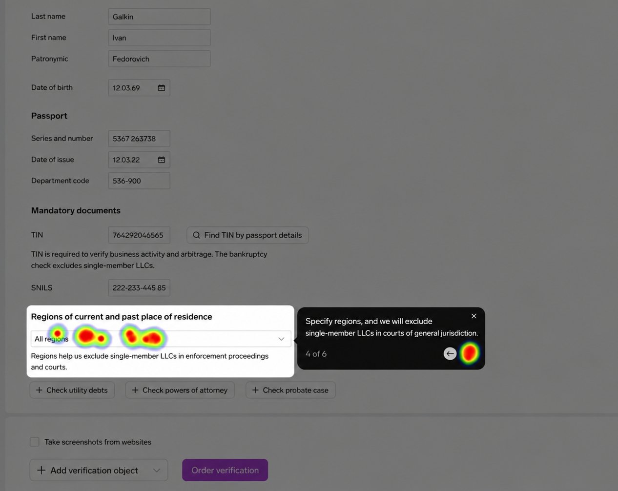 Heatmap of clicks on the order form during the onboarding tour
