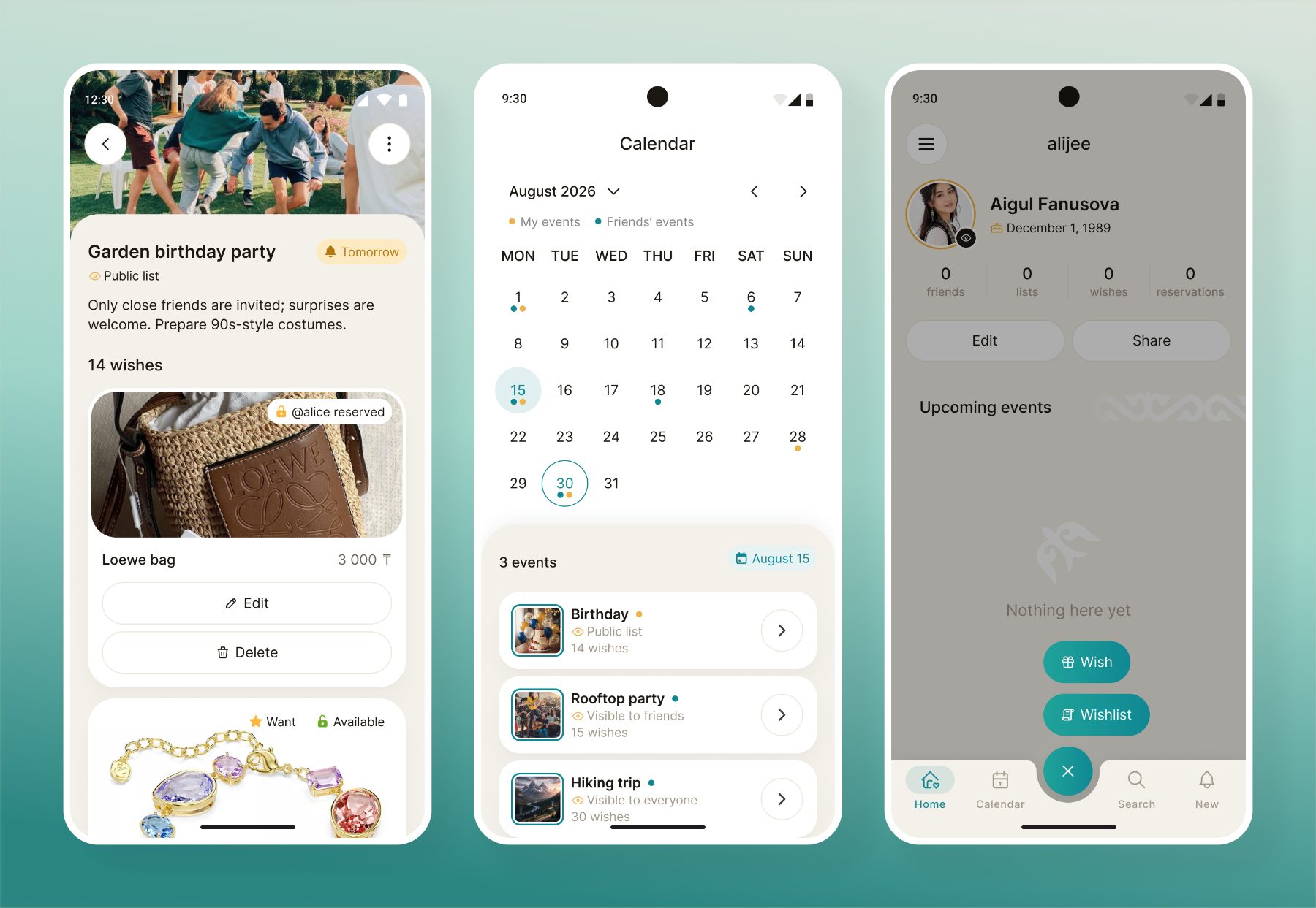 Wishlist with a reserved gift, calendar of events and an empty profile