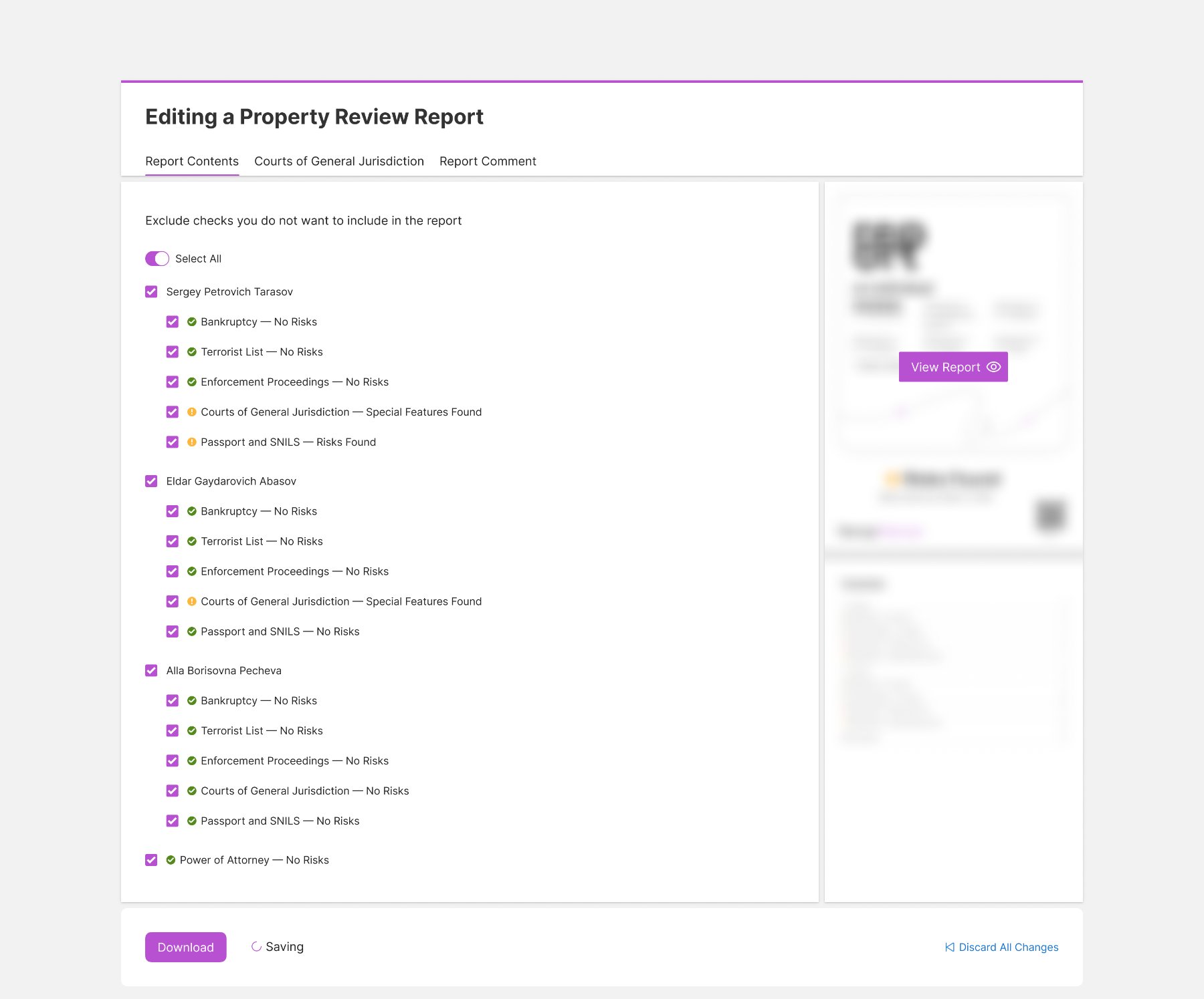 Report contents tab of the editor