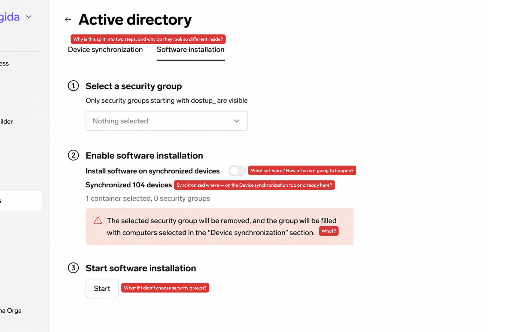 Original Software installation screen with open questions
