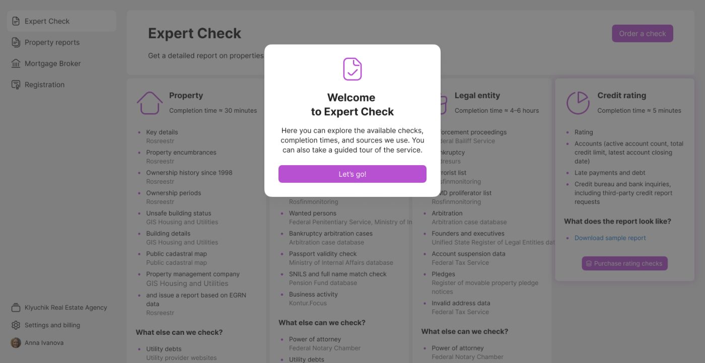 Welcome modal of the onboarding