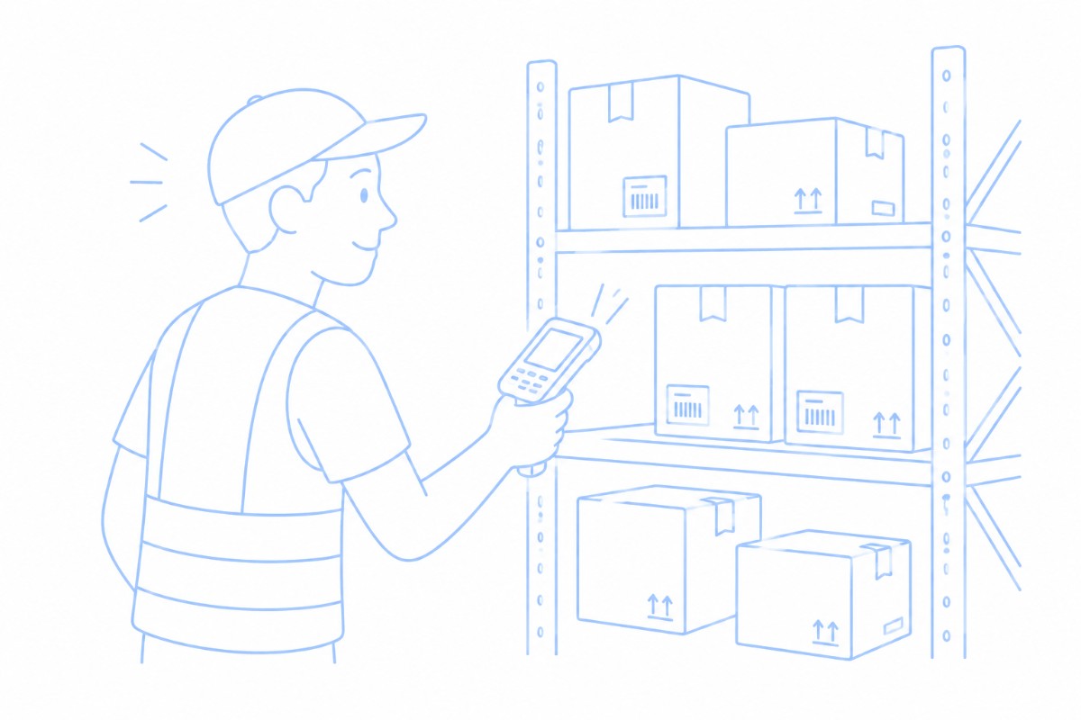 A warehouse worker scanning a labeling code with a handheld terminal