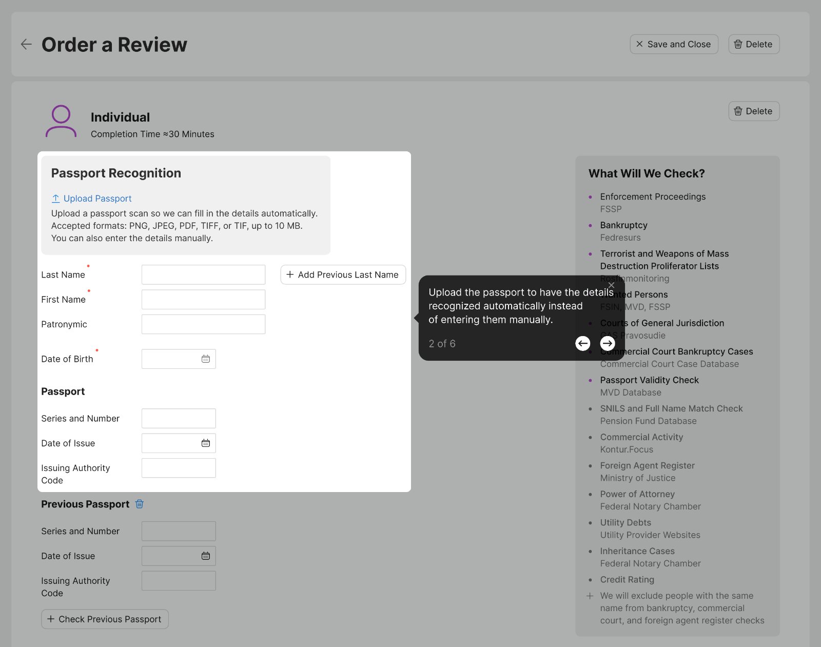 Onboarding step 3 — passport recognition