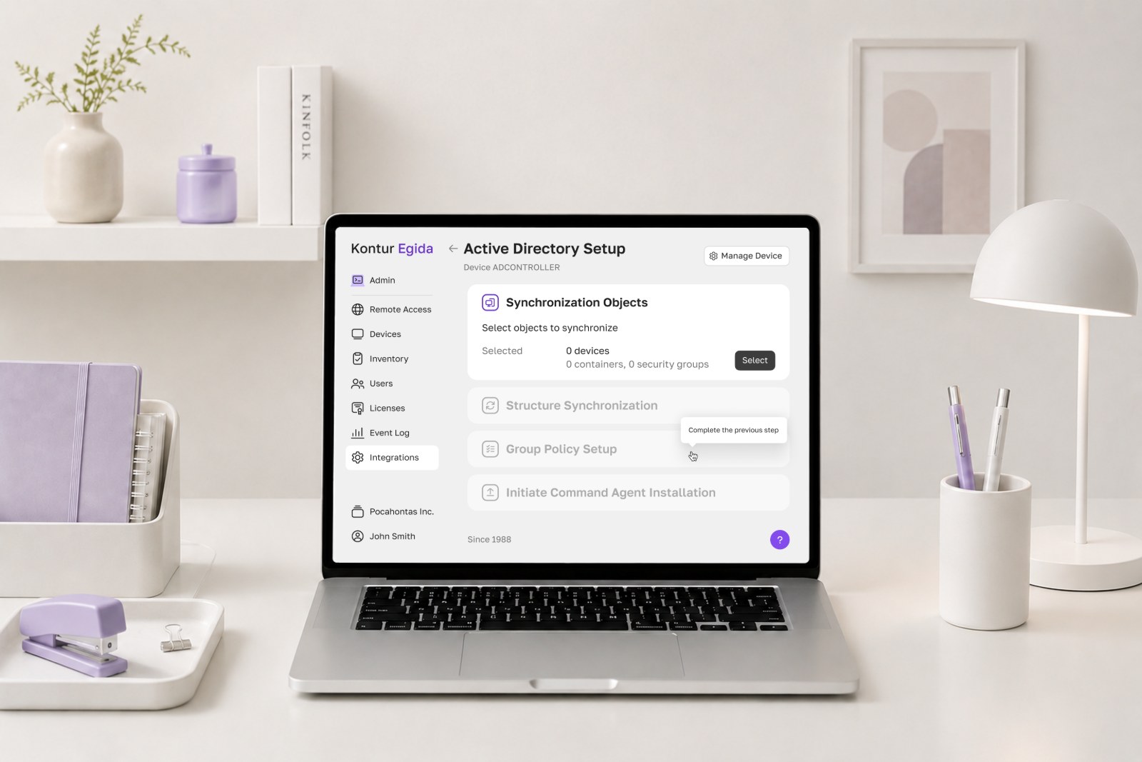 The redesigned Active Directory setup flow on a laptop