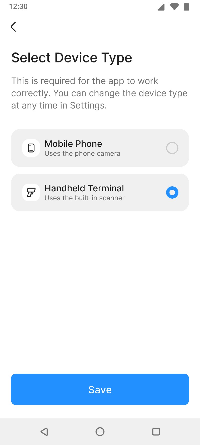 Select device type screen