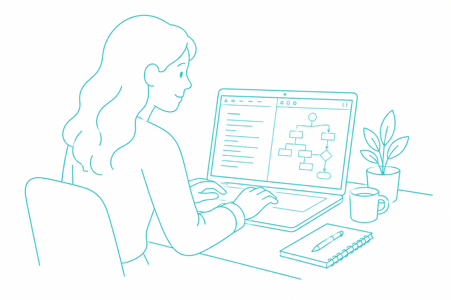Designer at a laptop mapping the product flow next to the brief